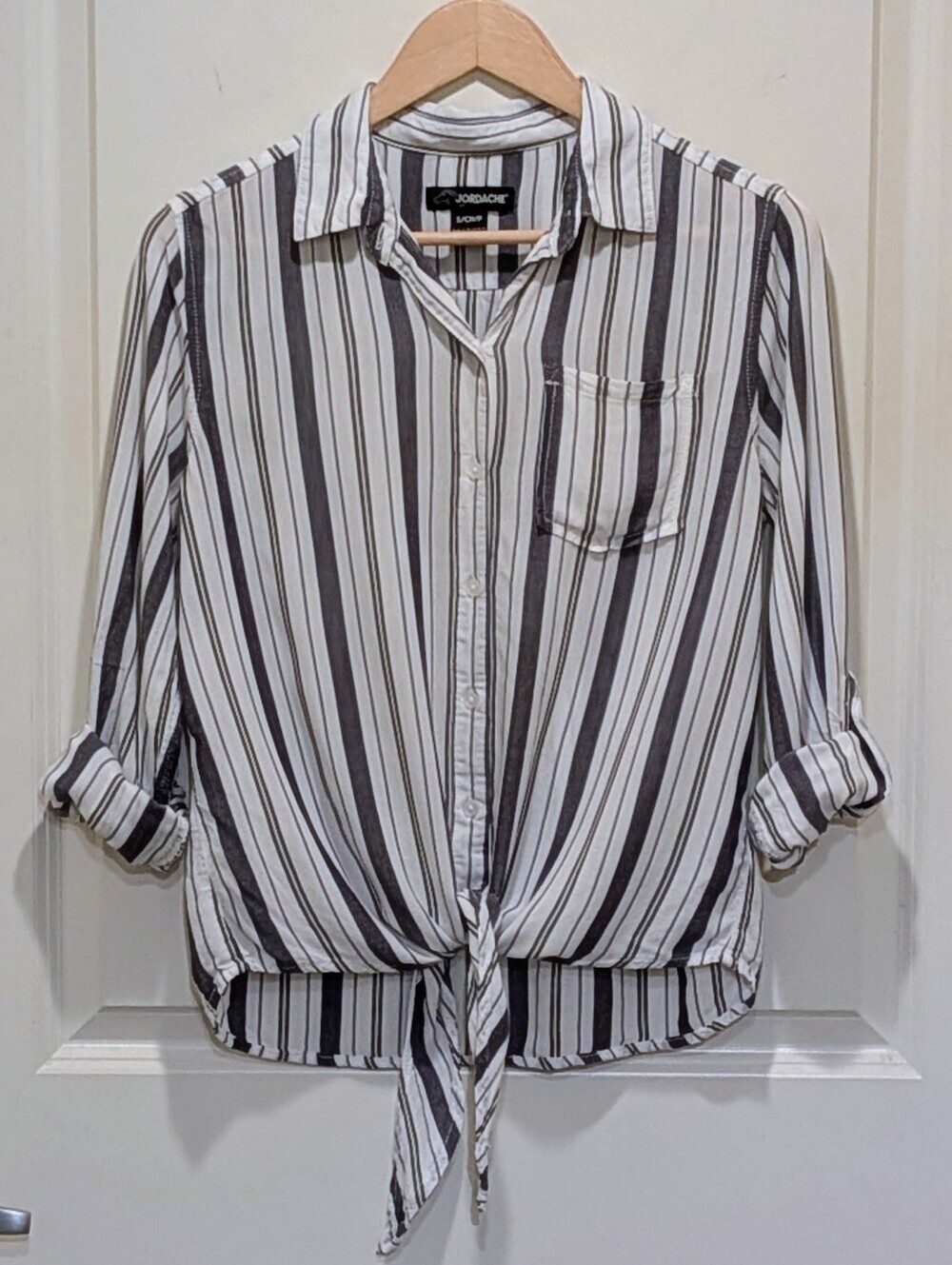 EUC Jordache S 90s White and Blue Rayon Tie Front Striped Button Down Top